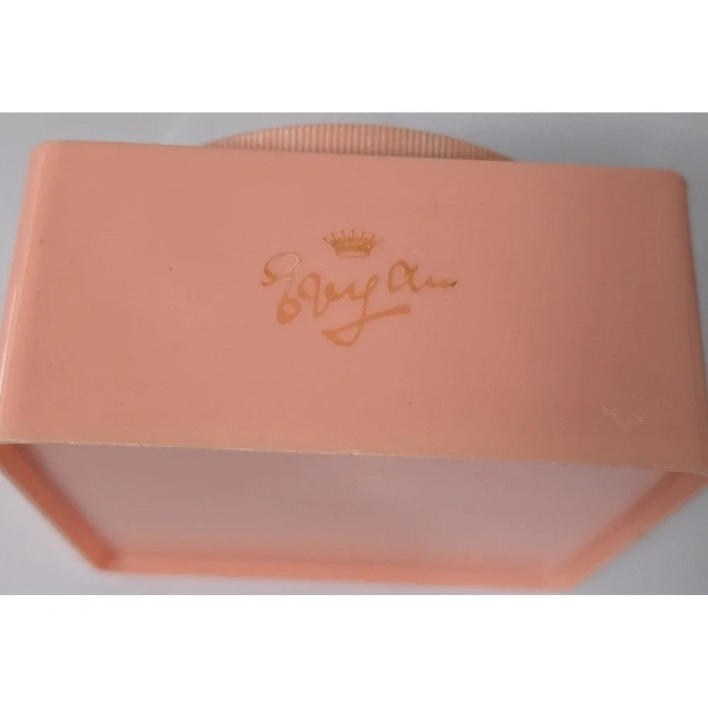 Vintage Evyan Peach Powder Box Floral Relief Crown Logo Mid Century Vanity Jar